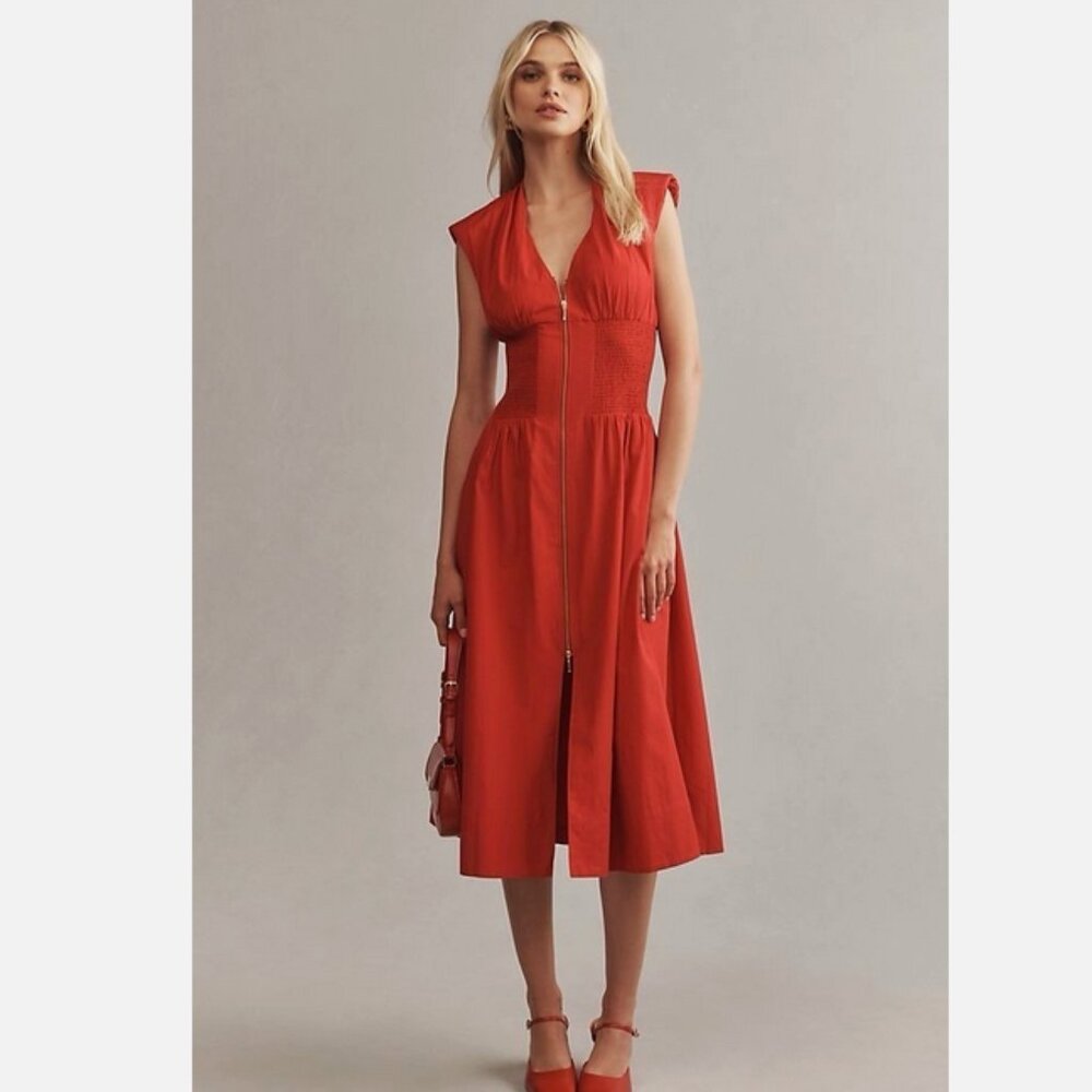 Anthropologie The Tommie Zip-Front Midi Shirt Dress L NWT Red Orange Large - Picture 1 of 8